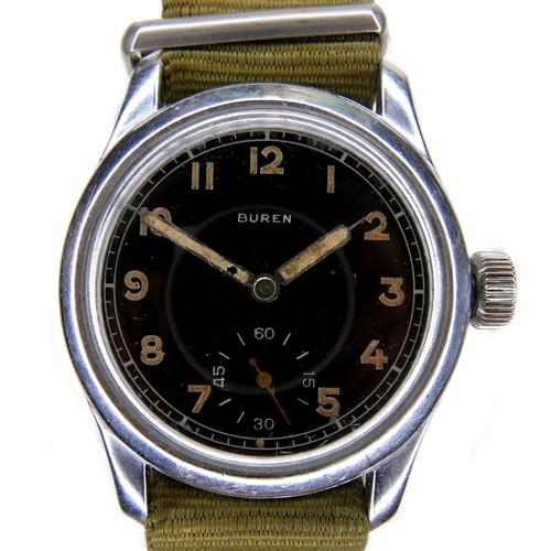 129 - A German WWII Buren stainless steel wristwatch, circular black dial with luminous Arabic numerals, m... 