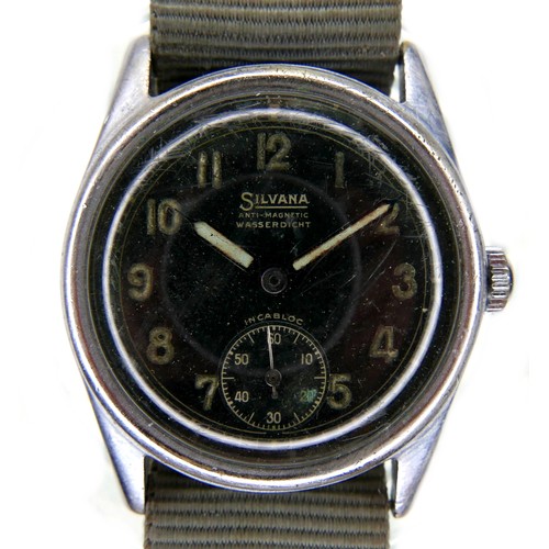 106 - A German WWII Silvana stainless steel wristwatch, circular black dial with luminous Arabic numerals,... 