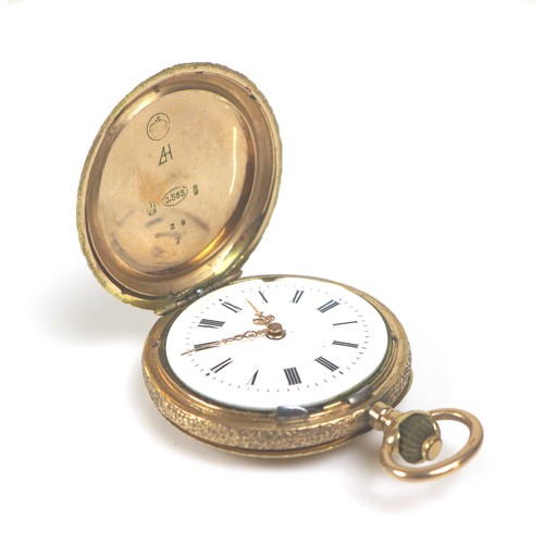 123 - A continental 14ct gold cased pocket watch, enamel flowers and engraved initials 'MS' to font of cas... 