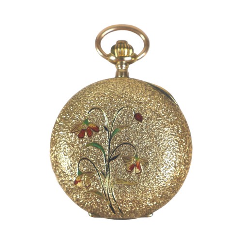 123 - A continental 14ct gold cased pocket watch, enamel flowers and engraved initials 'MS' to font of cas... 