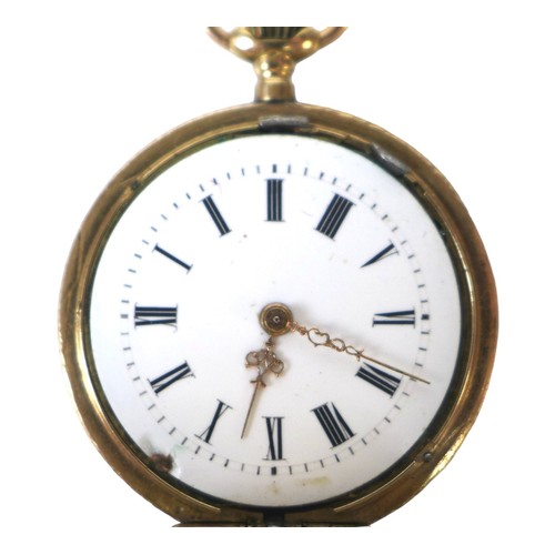 123 - A continental 14ct gold cased pocket watch, enamel flowers and engraved initials 'MS' to font of cas... 