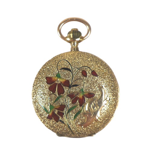 123 - A continental 14ct gold cased pocket watch, enamel flowers and engraved initials 'MS' to font of cas... 