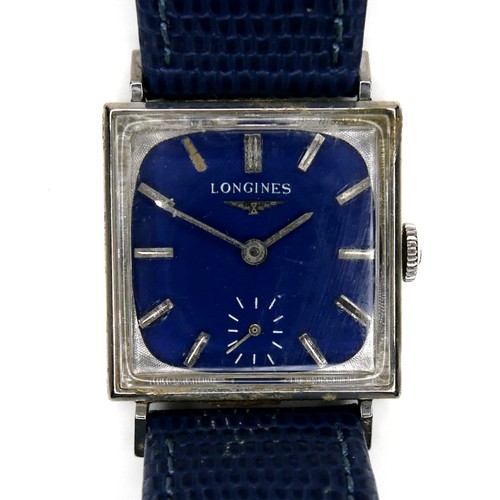 128 - A Longines Art Deco white gold plated wristwatch, with square blue dial, on blue lizard skin strap, ... 