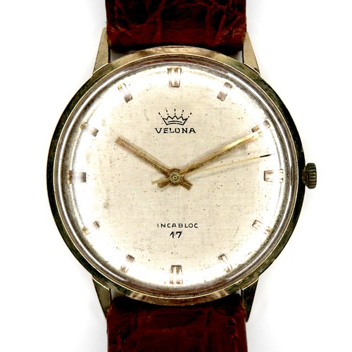 115 - A Velona 14ct gold cased gentleman's wristwatch, silvered dial, on brown leather strap, 34mm case.