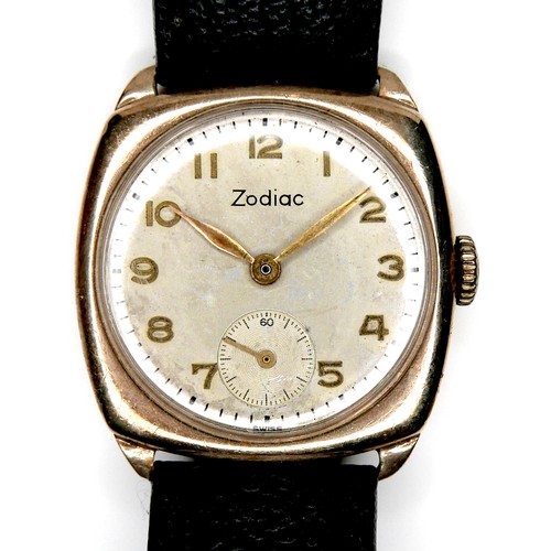 118 - A Zodiac 9ct gold cushion cased gentleman's wristwatch, on modern black strap, 27mm case.