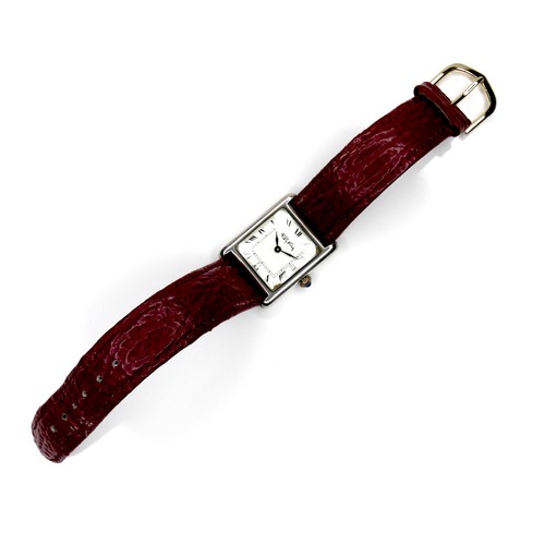 97 - A Roy King silver cased gentleman's wristwatch, with white square dial, on a red strap, 23.5mm case.