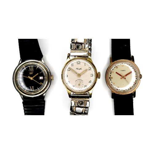 96 - A group of three vintage wristwatches, comprising a Chron Uni gold plated, with black dial, black st... 