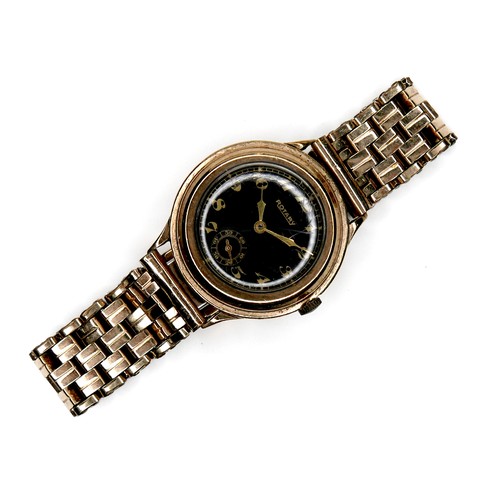 101 - An Art Deco Rotary gold plated gentleman's wristwatch, with circular black dial, gold Arabic numeral... 