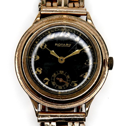 101 - An Art Deco Rotary gold plated gentleman's wristwatch, with circular black dial, gold Arabic numeral... 