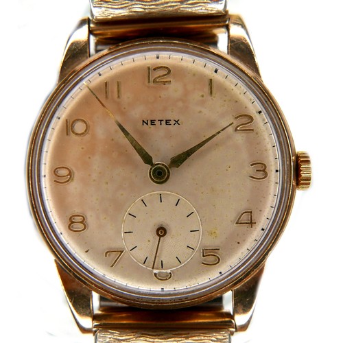 113 - A Netex 9ct gold cased gentleman's wristwatch, with silvered dial, circular silvered dial with subsi... 