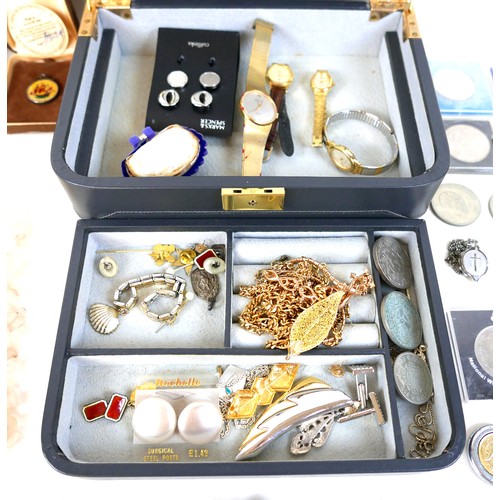 140 - A pair of 9ct gold drop earrings and assorted costume jewellery, watches and coins. (1 jewellery cas... 