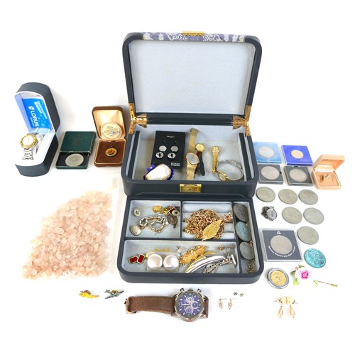 140 - A pair of 9ct gold drop earrings and assorted costume jewellery, watches and coins. (1 jewellery cas... 