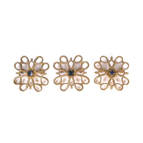 170 - Three pieces of 9ct gold and sapphire brooches, each 2.2 diameter overall, 6.5g gross. (3)