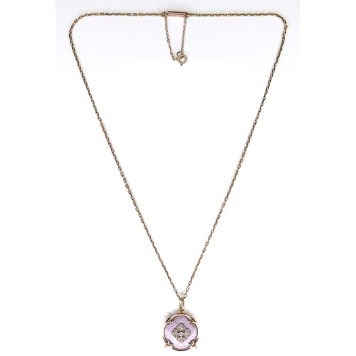 244 - A 15ct gold pendant with enamel and seed pearls, 2.2cm diameter, missing one seed pearl, with 9ct go... 