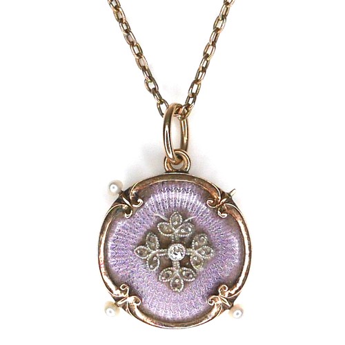 244 - A 15ct gold pendant with enamel and seed pearls, 2.2cm diameter, missing one seed pearl, with 9ct go... 