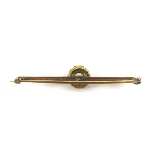 245 - A 9ct gold opal and diamond bar brooch, 3.1g, 4.5 by 1cm.