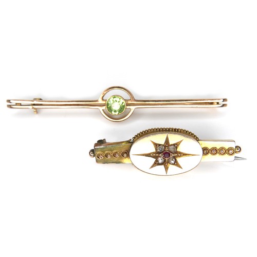 189 - Two yellow metal bar brooches, comprising one with diamonds and ruby style stone, 7.2g overall. (2)