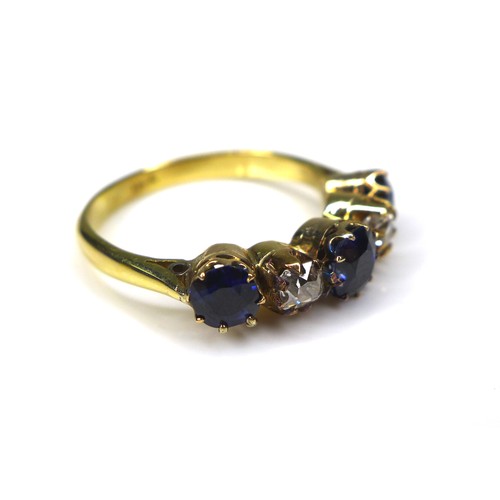 286 - An 18ct gold sapphire and diamond five stone ring, size P/Q, 4.3g.