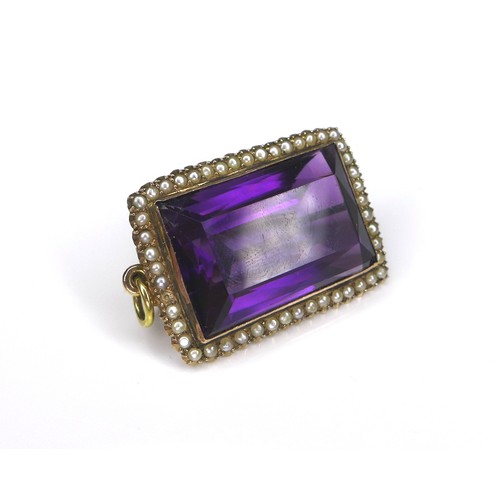 287 - A large amethyst and seed pearl brooch with yellow metal mount, 13.6g overall, the rectangular cut a... 