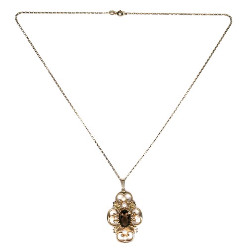 238 - A 9ct gold smokey quartz and pearl pendant, 2.8 by 4.2cm, with 9ct gold chain necklace, 49cm long, 8... 