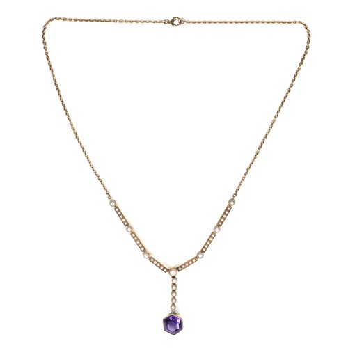 284 - An amethyst and pearl pendant necklace, with yellow metal mount and chain necklace, 9.7g.