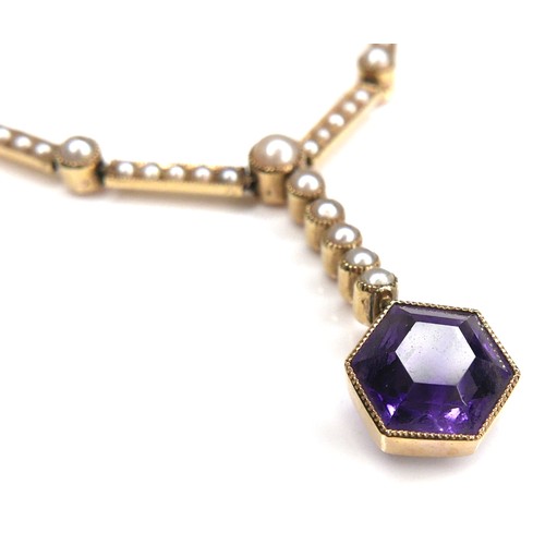 284 - An amethyst and pearl pendant necklace, with yellow metal mount and chain necklace, 9.7g.