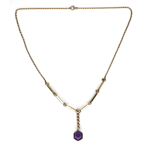 284 - An amethyst and pearl pendant necklace, with yellow metal mount and chain necklace, 9.7g.