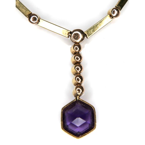 284 - An amethyst and pearl pendant necklace, with yellow metal mount and chain necklace, 9.7g.