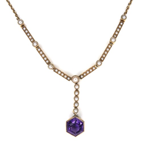 284 - An amethyst and pearl pendant necklace, with yellow metal mount and chain necklace, 9.7g.