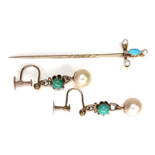 171 - A 9ct gold diamond, turquoise and pearl stick pin, 3g, together with a pair of associated pearl and ... 