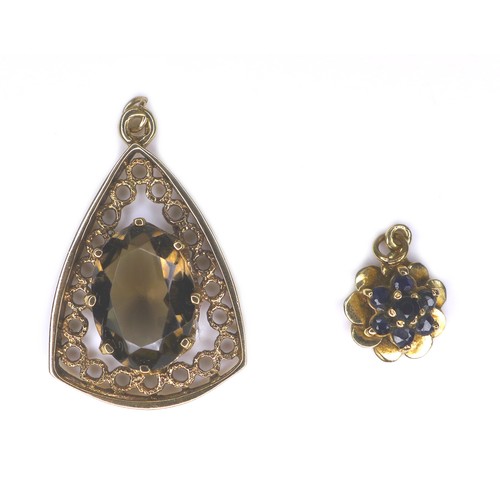 154 - Two 9ct gold precious/semi precious stone pendants, comprising a seven stone blue sapphire pendant, ... 