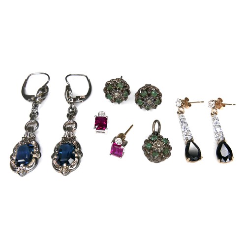 167 - A collection 9ct gold and other earrings, comprising a two tear drop sapphire and white stone drop e... 