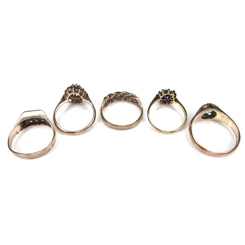 232 - Five 9ct gold rings, comprising a red stone cluster ring, size L, 2.4g, a blue and white stone clust... 