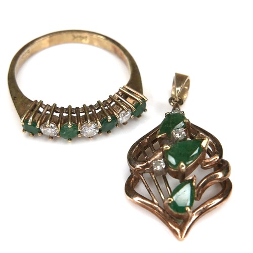 190 - An emerald and diamond ring, the four round cut emeralds, 2mm in diameter, the three round cut diamo... 