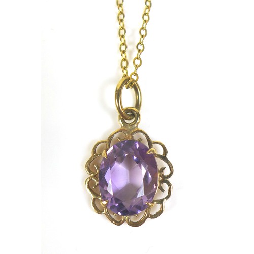 223 - Two 9ct gold pendant necklaces, comprising an amethyst pendant with 9t gold mount and yellow metal c... 