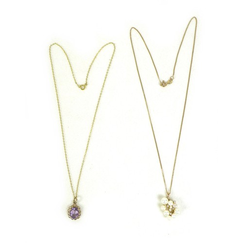 223 - Two 9ct gold pendant necklaces, comprising an amethyst pendant with 9t gold mount and yellow metal c... 