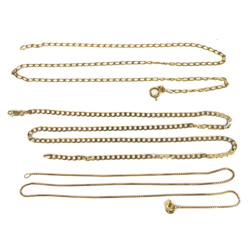 248 - A group of 9ct gold jewellery, comprising three 9ct gold necklaces, 11g overall, including a flat cu... 