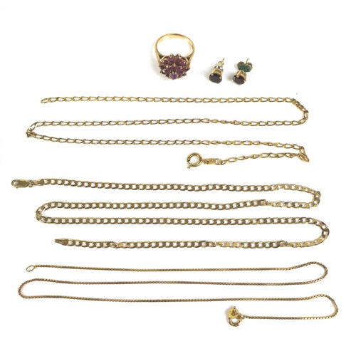 248 - A group of 9ct gold jewellery, comprising three 9ct gold necklaces, 11g overall, including a flat cu... 