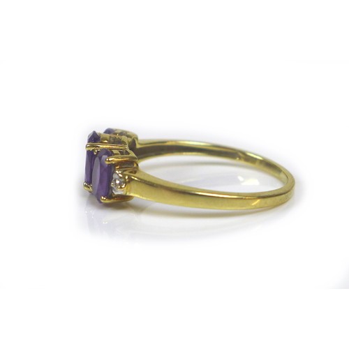 175 - Three 9ct gold dress rings, comprising an pale amethyst style ring, its rectangular stone 14 by 10mm... 