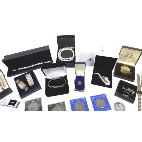 146 - A collection of costume jewellery and coins, including a pearl necklace and bracelet with 9ct gold c... 