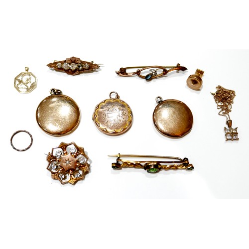 181 - A small group of gold and gold plated jewellery, including a 9ct gold octagonal flower motif pendant... 