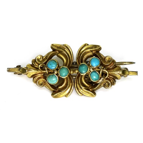 160 - An Art Nouveau yellow metal brooch, set with six turquoise cabochon, each 3.0mm, in mirrored scroll ... 