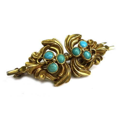 160 - An Art Nouveau yellow metal brooch, set with six turquoise cabochon, each 3.0mm, in mirrored scroll ... 