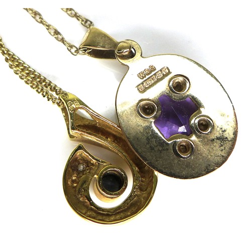 209 - Two 9ct gold pendant necklaces, one with a swirl shaped pendant, set with a sapphire, 2.7mm, and and... 