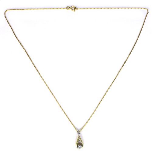 273 - An 18ct yellow gold pendant necklace, the teardrop shaped pendant with a suspended brilliant cut dia... 