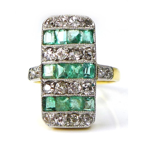 283 - An 18ct yellow gold ring, set with diamonds and emeralds in seven alternating rows within a rectangu... 