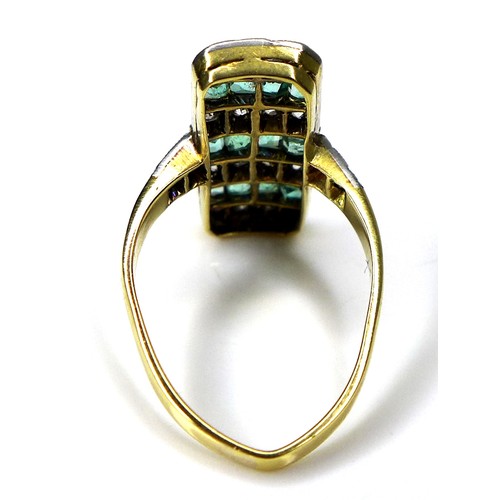 283 - An 18ct yellow gold ring, set with diamonds and emeralds in seven alternating rows within a rectangu... 