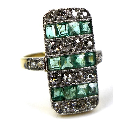 283 - An 18ct yellow gold ring, set with diamonds and emeralds in seven alternating rows within a rectangu... 