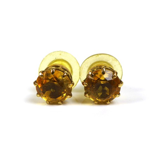 252 - A pair of 9ct gold citrine earrings, each round cut citrine approximately 8mm, 3g overall. (1 bag)