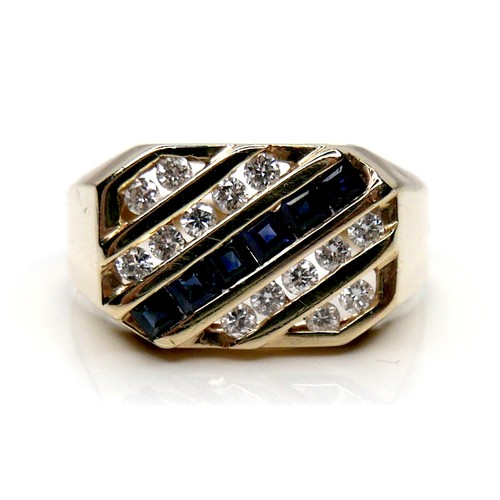 201 - A yellow gold ring, set with five diagonal bands of diamonds and sapphires, each 1.5mm, size T, 5.4g... 